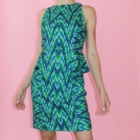 MILLY Green/Blue Geometric Sleeveless Peplum Sheath Dress - US 4 - Picture 1 of 13